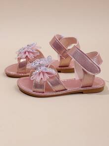 1 Pair Of Girls' 3D Mesh And Rhinestone Butterfly Glitter Hook And Loop Open-Toe Flat Sandals, Sweet Princess Style, Perfect For Everyday Summer Wear. - Pink - View 8
