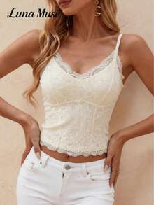 Luna Muse Lace Corset Camisole With Built-In Padding, Spaghetti Strap, High Elasticity, Slimming Fitted Corset, Autumn/Winter Layering Base Top - Apricot - View 3
