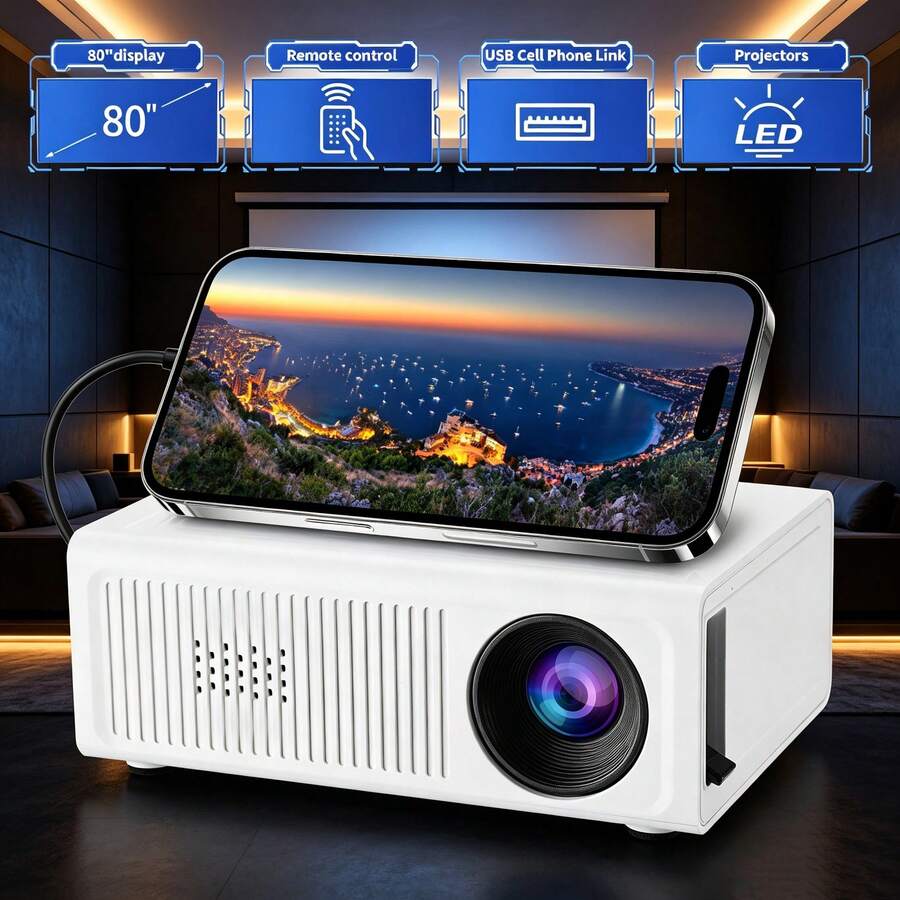 Mini Portable Home Projector With Built-In Speaker And Remote Control, Compatible With IOS, Android, Windows/PS/4, USB Direct Connection For Bedroom HD Movie Watching, Gaming And Home Theater - White - View 1
