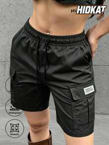 Women's Cargo Shorts With Elastic Waist & Drawstring - Black - View 1
