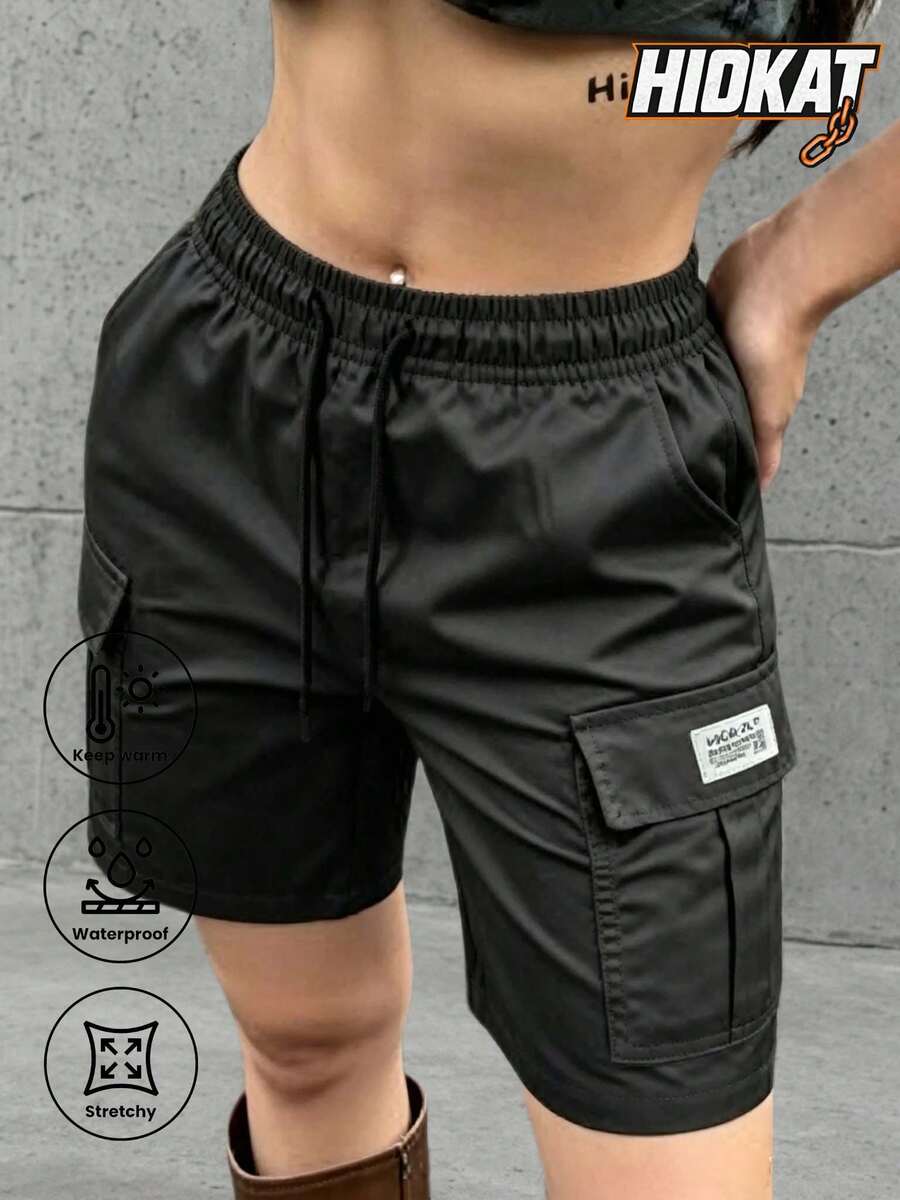 Women's Cargo Shorts With Elastic Waist & Drawstring - Black - View 1