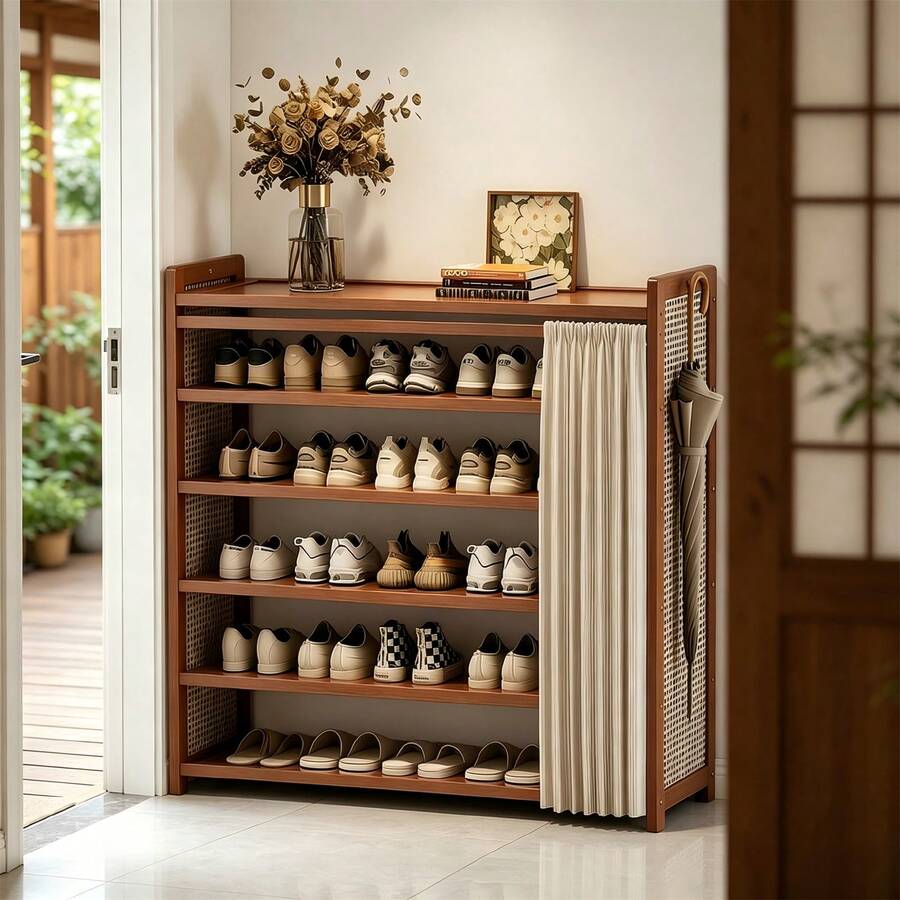 6-Tier Free Standing Shoe Rack, Bamboo & Density Board Storage, Top Shelf For Keys, Front Privacy Curtain, Entryway Doorway Organizer - Brown - View 1