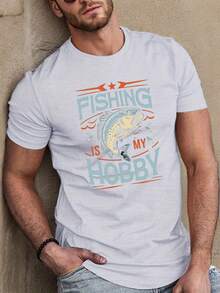 Men's "Fishing Is My Hobby" T-Shirt - Breathable Summer Outdoor Wear with Fishing Rod & Fish Print, Sweat-Wicking Comfortable Casual Round Neck Tee Su - Bianco - Visualizzare 1