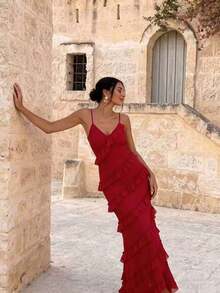 Vestido de tirantes finos con volantes multicapa y espalda descubierta de unicolor, adecuado para bodas, fiestas, cumpleaños, aniversarios, graduaciones, festivales de música en color rojo - Rojo - Ver 3