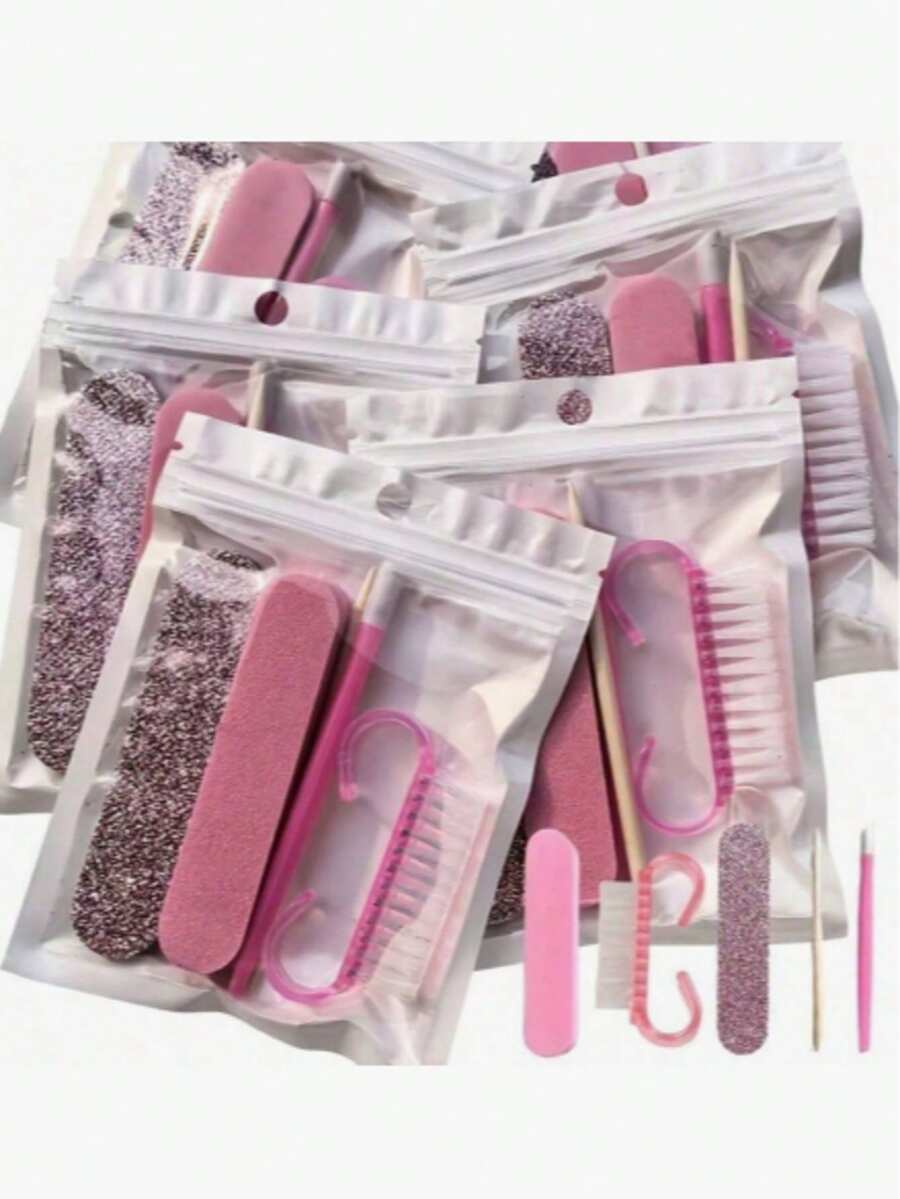 5件組女款與女孩美甲修腳工具組，迷你雙面一次性指甲锉、木製角質推棒、橘木棒、指甲清潔工具與細毛指甲刷，多功能便攜DIY美甲護理配件套組，適合居家日常美甲與沙龍級指甲護理