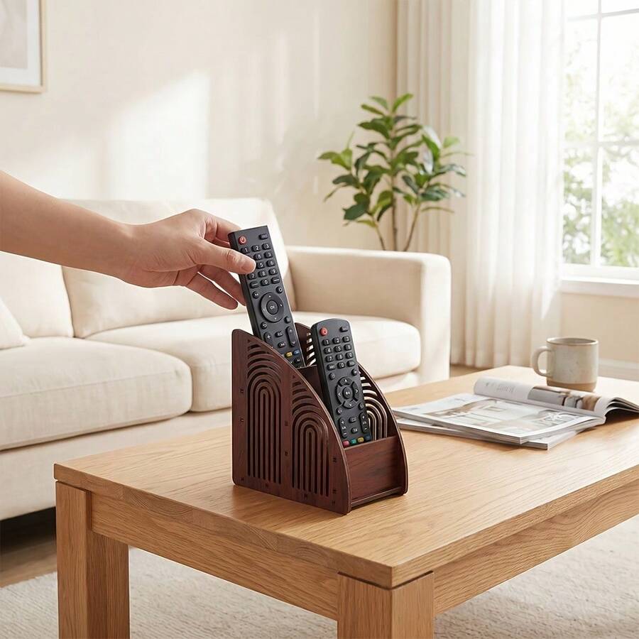1pc 3-Compartment Wooden Hollow Double-Sided Wood Grain Theme Remote Control Pen Holder Desktop Organizer, Large Capacity Storage, Kitchen Home Decor Ornament, Back To School Gift, Colleague Gift, Holiday Gift, Office Desk Organizer, Practical Home Storage Decor - Multicolor - View 1