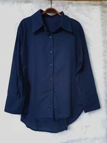 Women's Long-Sleeved Linen Shirt - Navy Blue 2 - View 2