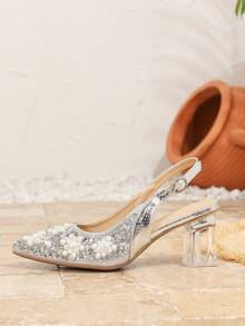 Wide Fit Pointed Toe High Heel Pumps, Pearl Rhinestone Backless Slingback Shoes, Adjustable Strap, Transparent Chunky Heel, Plus Size Wide Foot Friendly, Elegant Closed Toe Women's Shoes For Wedding, Party And Daily Wear - Metallic Silver - View 5