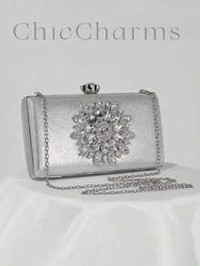 Elegant And Stylish Women's Evening Bag In European And American Style, Clutch Bag With Crystal-Encrusted Sunflower Design, Party Handbag, Versatile Bag - 銀色 - 查看 1