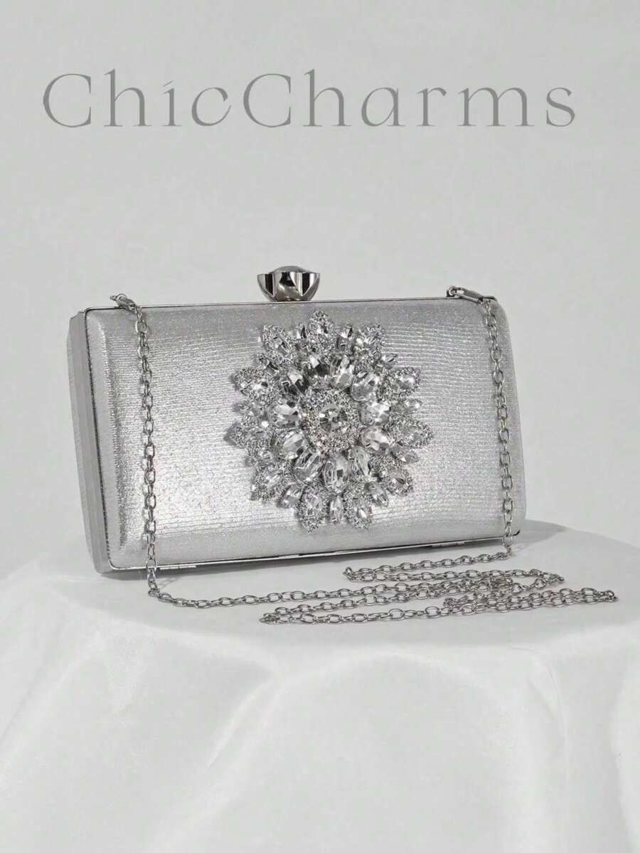 Elegant And Stylish Women's Evening Bag In European And American Style, Clutch Bag With Crystal-Encrusted Sunflower Design, Party Handbag, Versatile Bag - 銀色 - 查看 1