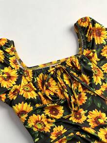 Full Body Print Bohemian Elegant Beach Vacation Dress Women Spring Autumn Sunflower Floral Dress White Background Sunflower Ruched Square Neck Summer - Black - View 5