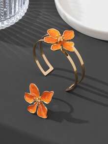 Juego de joyería para mujer con 1 anillo floral asimétrico de flor de cinco pétalos hecho a mano con efecto de aceite goteado en naranja brillante estilo vintage de verano y playa para vacaciones & 1 pulsera - Naranja - Ver 4