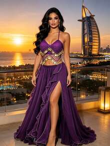 Bohemian Coin Trimmed Halter Crop Top With High Slit Chiffon Maxi Skirt For Beach Vacations, Desert Festivals & Rave Outfits (Available In Multiple Colors) - Multicolor - View 14