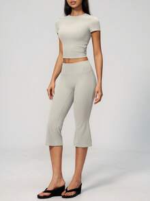 TimeOff Women's One Set Solid Color Round Neck Cropped Short Sleeve Flared Mid-Length Pants Sports Outfit - Grey - View 8