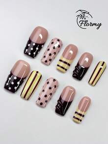 Handmade Medium Coffin Shape Press-On Nails, Vintage Bee Aesthetic, Nude Base With Cream Yellow, Burgundy And Polka Dot Details, Hand-Painted Stripes, 3D Burgundy Swirls And Dual-Tone French Design, Glossy Salon Gel Texture, Reusable - Baby Pink - View 2