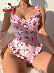 SANRIO 女款 Hello Kitty 粉色荷葉邊蝴蝶結裝飾細肩帶洋裝 - 粉色 - 查看 5