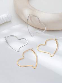 1 Pair Linear Heart-Shaped Hoop Earrings With Geometric Heart , Suitable For Women's Daily Wear - Irregular Heart - View 2