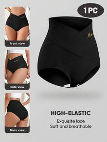 MIOTAN 1pc Women's Mid-High Waist Panties, Cross Strap Design, Solid Color, Tummy Control, Elastic, Shaping, Snug Fit, Soft, Breathable - Black - View 7
