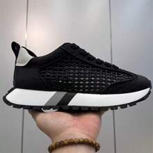 Men's Hollow Mesh Breathable Retro Thick Sole Sneakers, Chunky Sneakers Colorblock Striped Lightweight Non-Slip Shoes - Black - View 3
