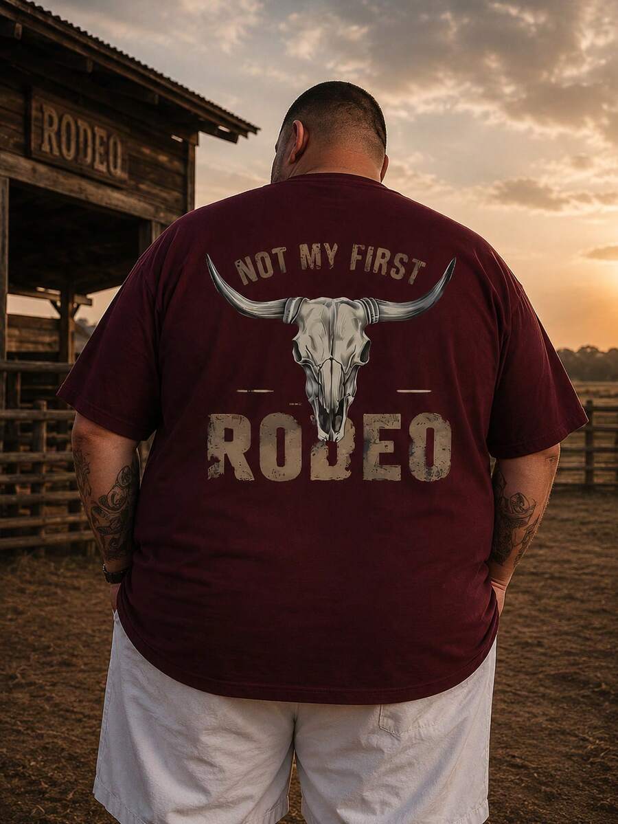 Men's Plus Size Short Sleeve T-Shirt, Summer Casual Retro Western Cowboy Style Graphic Print, Front And Back Graphic Print, Soft And Elastic Fabric, Comfortable To Wear - Burgundy - View 1