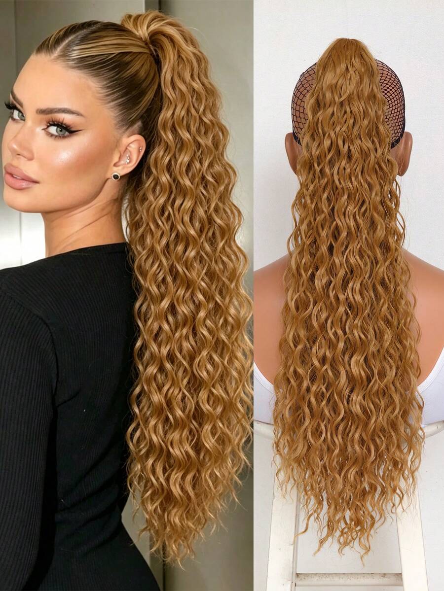 Ponytail Hair Extension, Drawstring Ponytail Hair Extension 26 Inch Long Curly Wavy Ponytail Natural Wavy Synthetic Hair Piece For Women Daily Use - Blonde, Halloween - Gold - View 1