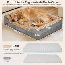 Cama para Perro Ortopédica Tipo Sofá 106x76cm con Lados, 10cm de Grosor (Espuma + Memory Foam), Funda Lavable e Impermeable, Base Antideslizante, Sillón Perro Antiéstrés para Razas Grandes - XL1067620cm - Ver 3