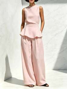 Women's Two-Piece Set: Sleeveless Blouse With Round Neck, Ruffled Hem, Fitted Waist, And Textured Palazzo Pants; Elegant Casual Outfit For Office, Everyday Wear, And Going Out - 粉紅色 - 查看 1