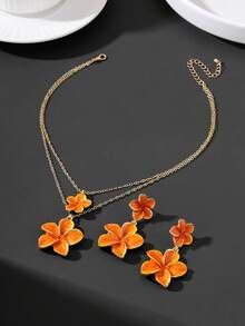 1pc New Vintage Summer Vacation Beach Style Handmade Drip Oil Vibrant Orange Layered Hibiscus Pendant Multi-Layer Necklace & 1 Pair Earrings Women Jewelry Set - Orange - View 4