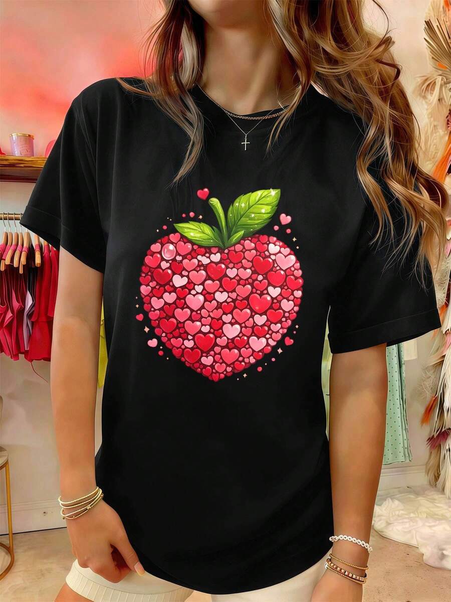 Camiseta de mujer con estampado de corazón, ideal para primavera, de algodón suave, cuello redondo, corte holgado y cómoda, estilo hip-hop urbano. - Negro - Ver 1