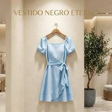 Vestido Corto Casual Ajustado De Mujer De Color Puro - azul claro - Ver 6