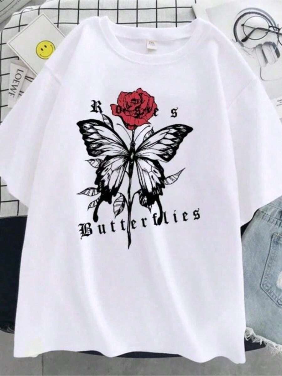 Christmas T-Shirt With Red Roses And Bows, Women's Urban Fashion T-Shirt, Short Sleeve Casual Clothing, Women's Clothing Tops - 白色的 - 查看 1