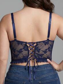 Plus Size Women's Butterfly Lace Bra With Criss-Cross Back Tie - Royal Blue - View 5