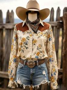 VEXHEIMA Western Style Women's Bohemian-Style , Elegant, And Versatile Suede Shirt With Vintage Print, Button-Down Collar, And Long Sleeves Vacation - Multicolor - View 8