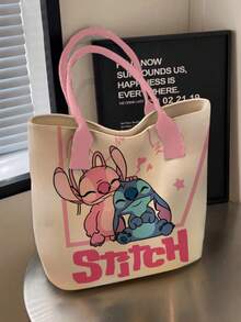 開學季 Disney Stitch 全滿版印花帆布托特包，大容量可愛星星圖案粉色蝴蝶結肩背包，女款女孩日常通勤購物休閒手提包 - 彩色 - 查看 8