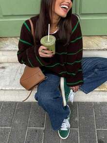 Women Retro Color Block Striped Knit Sweater, Loose Drop Shoulder Long Sleeve Pullover, Casual Slouchy Fit Fall Winter Daily Wear Top Vacation - Multicolor - View 7