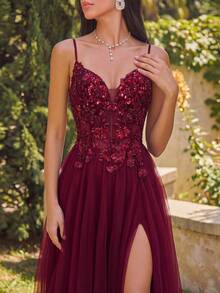 ADYCE Elegant Spaghetti Strap Cinched Waist Backless Fitted Sequin High Slit Mesh Bridesmaid Dress, Prom Dress, Homecoming, Wedding Guest, Holiday Party - Burgundy - View 1