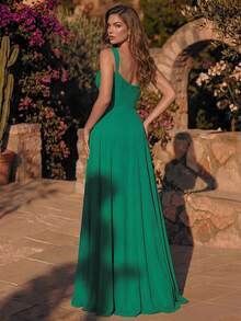 Emerald Green Wide Strap V-Neck Front Tie Drawstring Chiffon Full Skirt Evening Gown, Spring Summer Elegant Ethereal Style Fall Wedding - Green - View 2