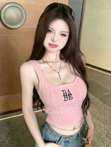 2026 Spring/Summer Women's Black Ribbed Tank Top - Casual Sweet "BABE" Embroidered Wide Strap Slim Fit Sleeveless Top Pink - Pink - View 2