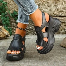 Women's Soft Sole Thick Bottom Sandals Round Toe Breathable Hollow Out Adjustable Hook And Loop Strap Casual Walking Shoes Height Increasing Slimming Wedge Heel High Heel Shoes - Black - View 3