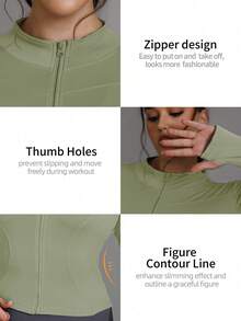 Plus Size Women's Solid Color Fitted Sports Jacket With Thumb Hole, Long Sleeve, Suitable For Yoga, Running, Fitness In Summer - Mint Green - View 8