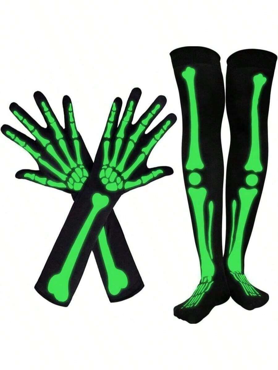 2pcs/Set Halloween Glow-In-The-Dark Skeleton Gloves & Long Socks, Party Props, Glow-In-The-Dark Ghost Bone Socks, Random Style - Multicolor - View 1