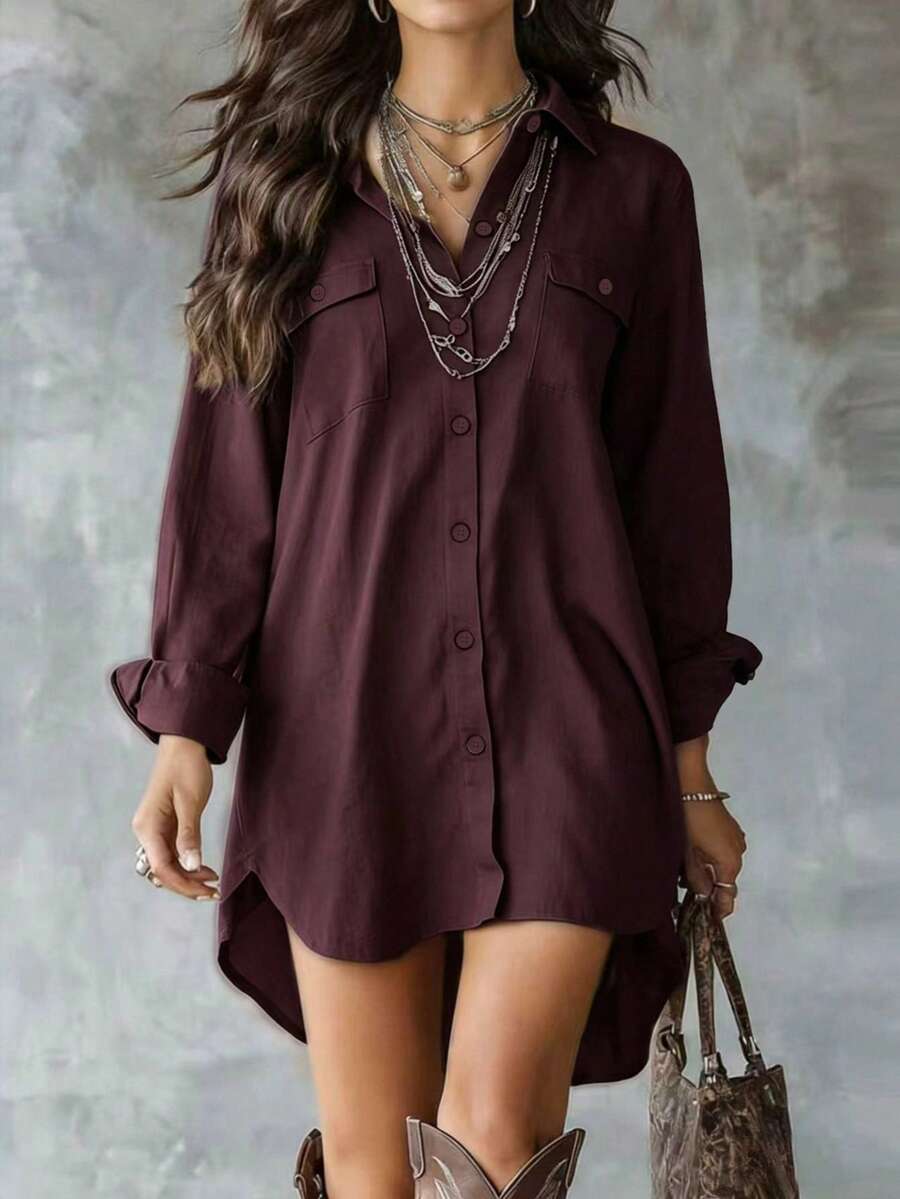 Camisa de manga larga de poliéster con botones para mujer, color rojo jujube, con cuello, diseño corto adelante y largo atrás con bolsillos, camisa oversize - Granate - Ver 1