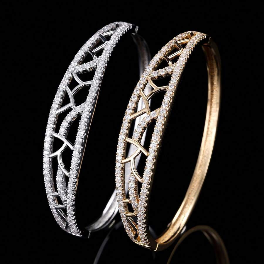 1pc Women's Leaf Hollow Full Rhinestone Bracelet, Luxury Sparkling Open Bangle, Versatile Accessory For Daily Commute, Date And Party - Gold - View 1