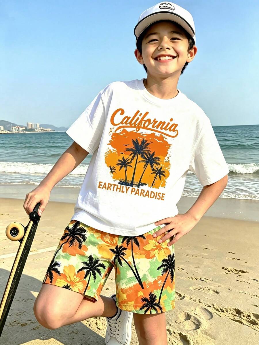 2pcs/Set Pakaian Kasual Liburan Anak Laki-laki, Kaos Lengan Pendek Leher Bulat Motif Huruf California dan Celana Pendek Longgar yang Nyaman, Musim Semi/Panas - Putih - View 1
