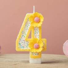 1pc Pink Glitter Number Birthday Cake Candle, Shiny Number Cake Decoration Topper, Party Decoration And Anniversary Celebration, Yellow Glitter Number 1 Candle With Daisy Flower Decoration, Birthday And Anniversary Party Cake Topper - Yellow - View 6