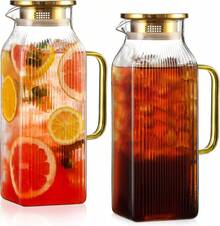 2 Pack 2 Liter/68 Oz Square Glass Pitcher With Lid, Classic Stripes Water Pitchers With Handle For Fridge, Large Jug For Iced Tea, Coffee, Borosilicate Glass Carafe For Hot/Cold Brew Drink, Gold - Gold - View 6