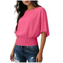 Camiseta holgada de color sólido para mujer, cuello redondo fruncido, manga corta, top básico casual, suave y versátil para uso diario. - azul claro - Ver 11