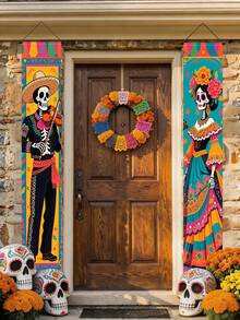 2 piezas de decoración del Día de Muertos, cortina de puerta mexicana del Día de Muertos, cortina de puerta con patrón de esqueleto músico y bailarín, decoración de esqueleto músico y bailarín de estilo vintage, decoración de puerta del Día de Muertos, suministros para fiestas de Halloween, adecuado para sala de e - Músico calavera - Ver 3