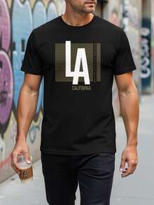 Camiseta de Talla Grande para Hombre 100% con Logo LA y Elemento de California, Camiseta de Manga Corta para Hombre, Cómoda y Casual para el Verano - Negro - Ver 2
