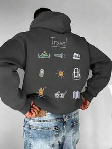 Men's Long-Sleeved Hoodie With Thermal Lining, Featuring A Print Of Forest Camping Elements And Outdoor Landscapes, Autumn/Winter - 深灰色 - 查看 1